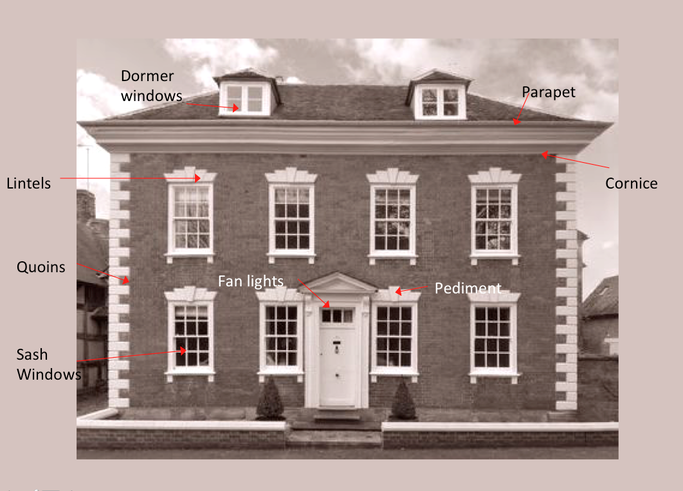 Georgian house with features pointed out to help determine how old the house is 